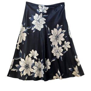 Casual Corner Women's Floral Silk Midi Skirt Size 2 Navy & White Flowers